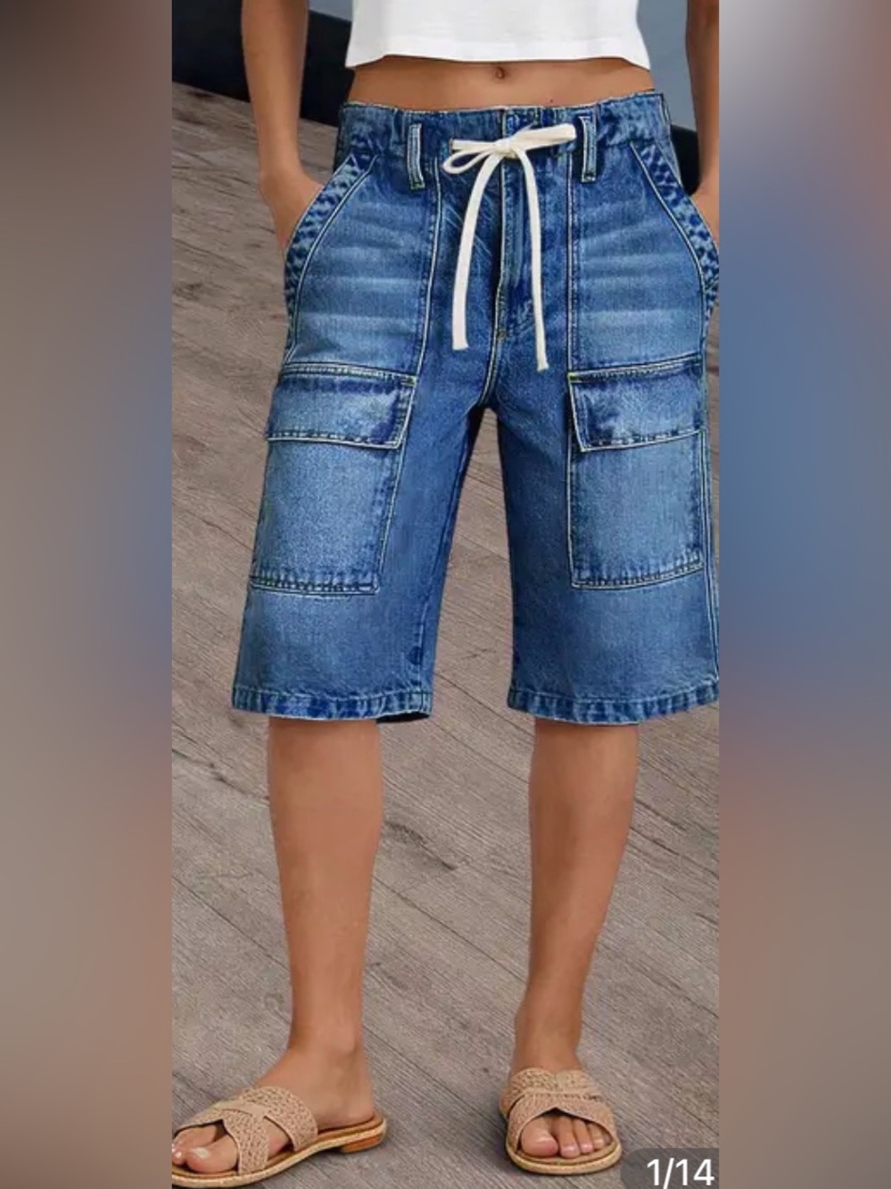 Flamingals Wash Flap Pocket Drawstring Mid Rise Catgo Denim Bermuda Shorts